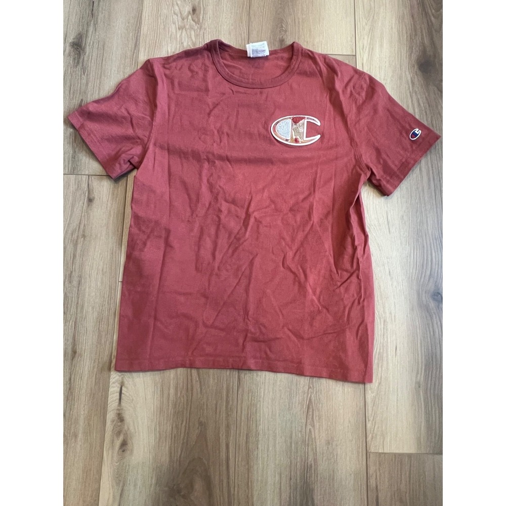 Champion Camo Script Logo‎ T-Shirt Men's Medium Red Short Sleeve Embroidered Tee